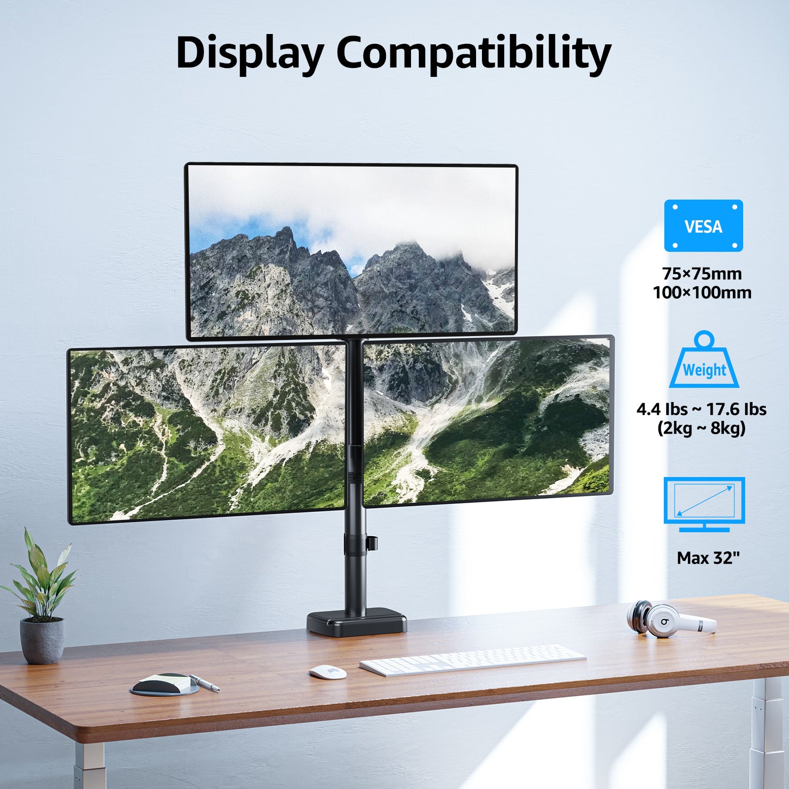 MOUNTUP Triple Monitor Mount for Max 32 Inch Screen, Each Arm Holds 4.4-17.6lbs, 3 Monitors Desk Mount, Triple Monitor Stand for Desk, Adjutable Triple Monitor Arm with Clamp/Grommet Base