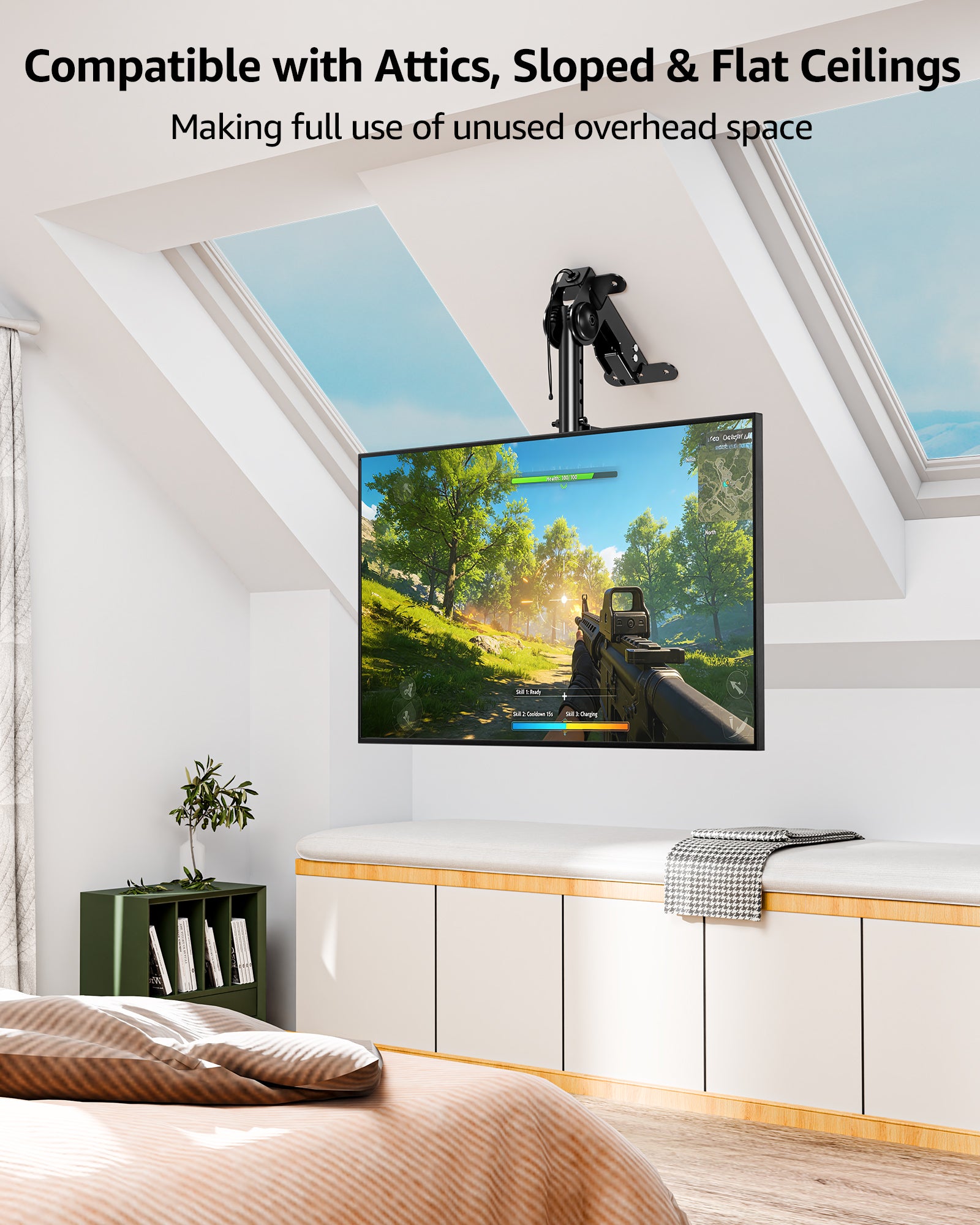 MOUNTUP Ceiling Monitor Mount for 13-32'', Max 22lbs Sceen, Flip Down Computer Monitor Mount, Folding Ceiling Mount with Full Motion Tilt Swivel Rotation, for Garage, Workshop, Sloped & Flat Ceilings