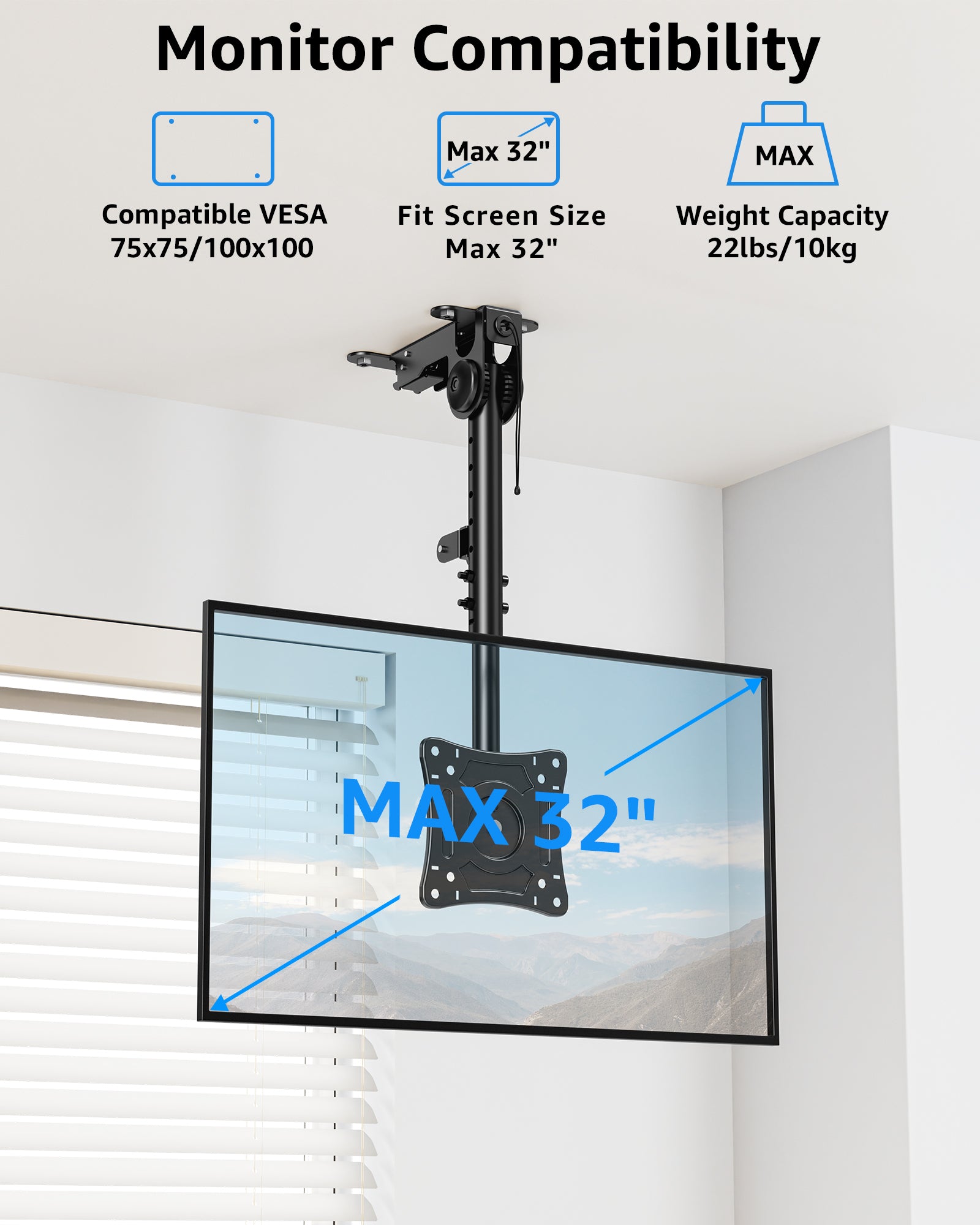 MOUNTUP Ceiling Monitor Mount for 13-32'', Max 22lbs Sceen, Flip Down Computer Monitor Mount, Folding Ceiling Mount with Full Motion Tilt Swivel Rotation, for Garage, Workshop, Sloped & Flat Ceilings