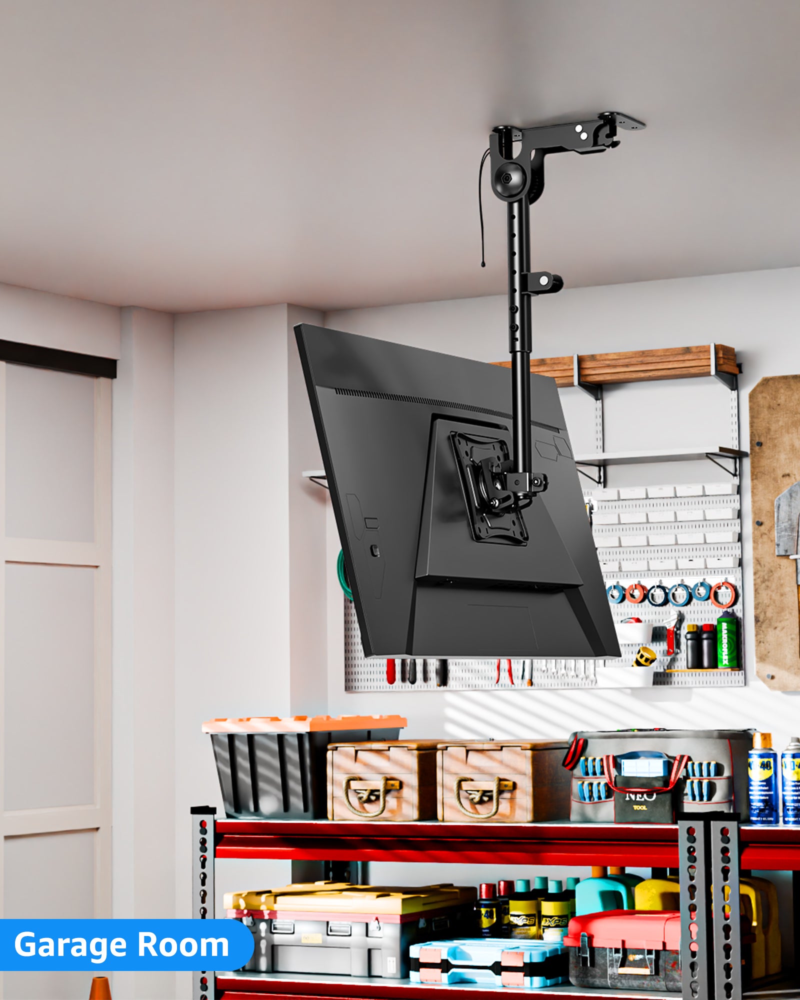 MOUNTUP Ceiling Monitor Mount for 13-32'', Max 22lbs Sceen, Flip Down Computer Monitor Mount, Folding Ceiling Mount with Full Motion Tilt Swivel Rotation, for Garage, Workshop, Sloped & Flat Ceilings