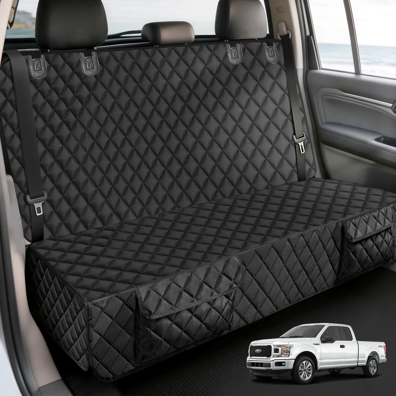 Smatto Dog Car Seat Cover for Trucks, Heavy Duty Rear Bench Cover for Ford F150/Chevrolet Silverado 1500/Ram 1500/GMC Sierra 1500, Waterproof Nonslip Pet Back Seat Cover for Dogs