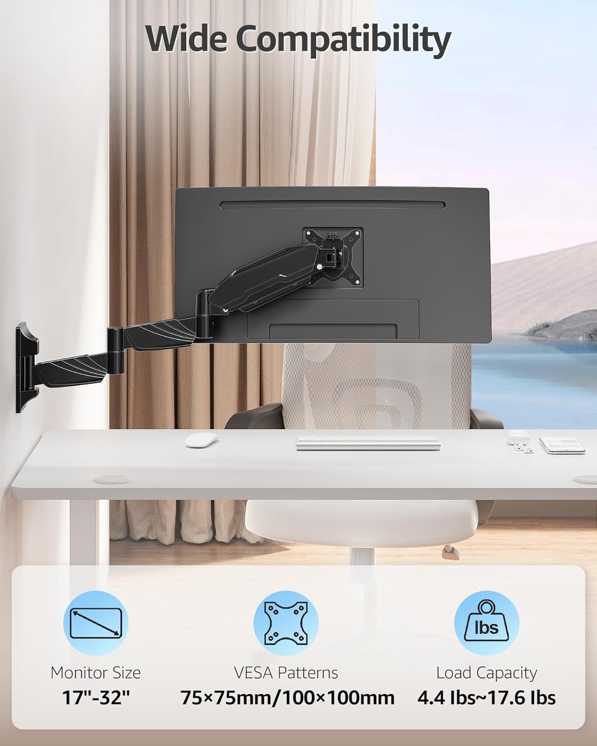 MOUNTUP Long Arm Monitor Wall Mount for 17-32” Screens, Supports 4.4-17.6lbs, Long Reach Arm Extends Up to 27.97”, Copmuter Wall Mount Monitor Arm, Full Motion Tilt Swivel Rotation, VESA 75x75 100x100