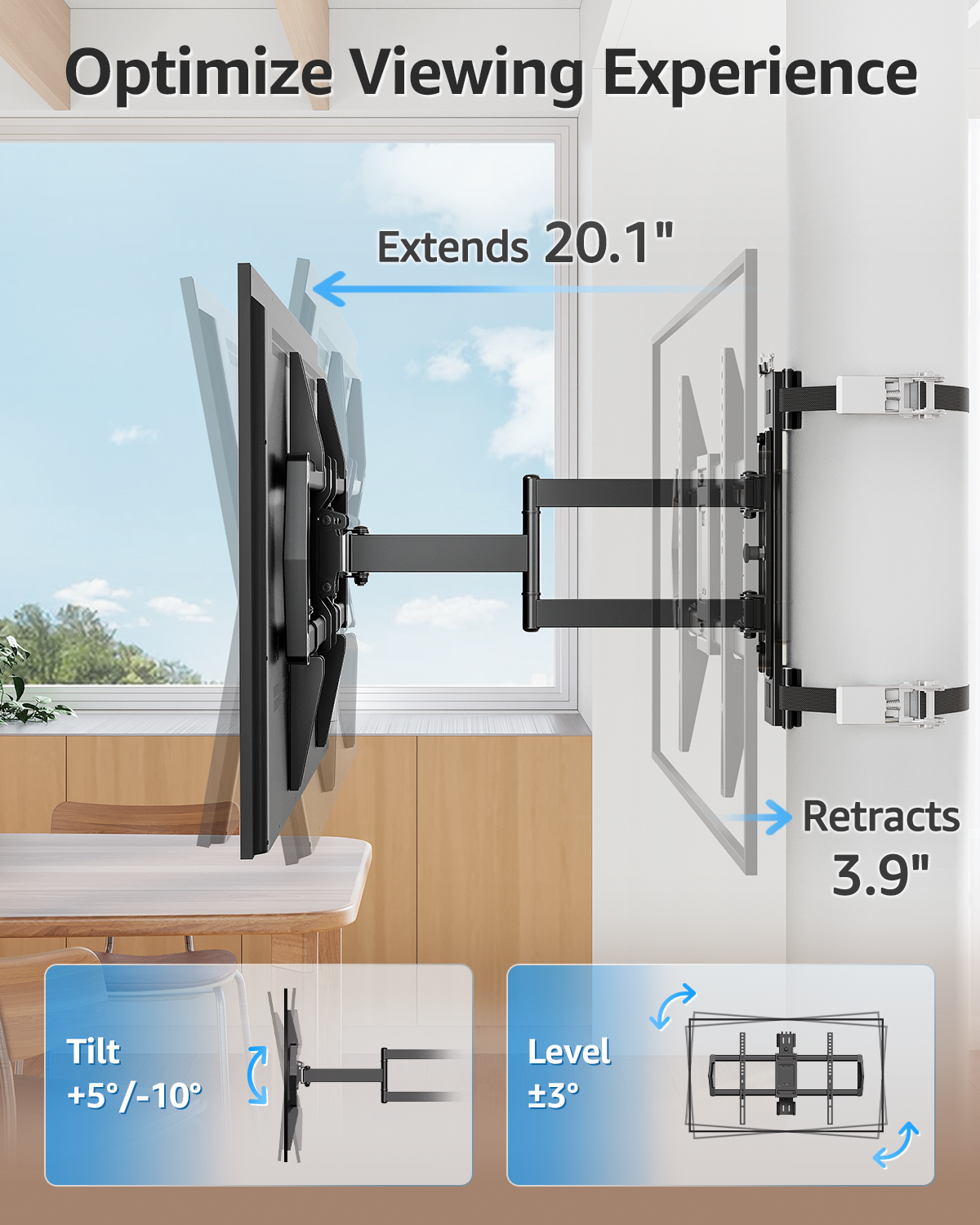 MOUNTUP Pillar TV Mount for 32"-75" TVs, Full Motion Strap-On Post Mount for Round & Square Columns, Swivel Tilt Level, No-Drill Design, Max VESA 600x400mm, Holds 88 lbs, Black