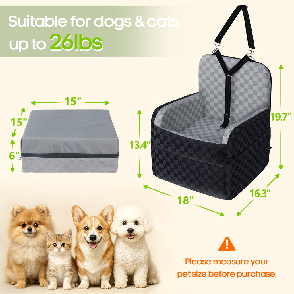 SMATTO Dog Car Seat for Small and Medium Dogs up to 26 lbs, Portable Waterproof Dog Booster Car Seat with Removable Washable Cover, Safety Seat Belt Y-Shape Safety Belt and Storage Pockets, Black