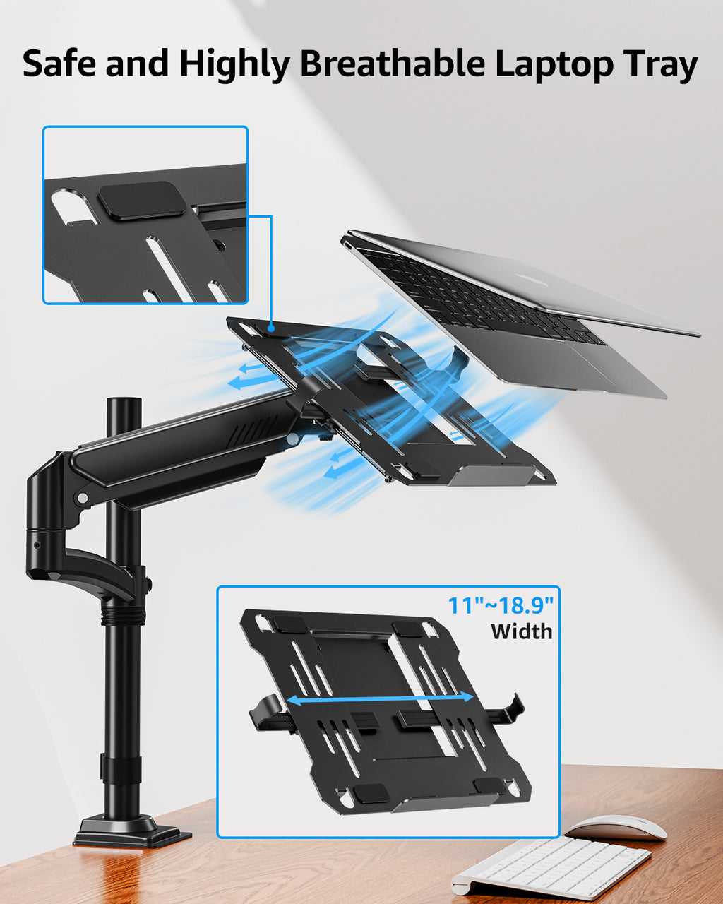 MOUNTUP Laptop Desk Mount, Adjustable Laptop Stand for max 17" Notebook or 32" Monitor, Laptops Arm Mount for Desk Holds 4.4-22lbs, Tall Laptops Mount with Clamp/Grommet
