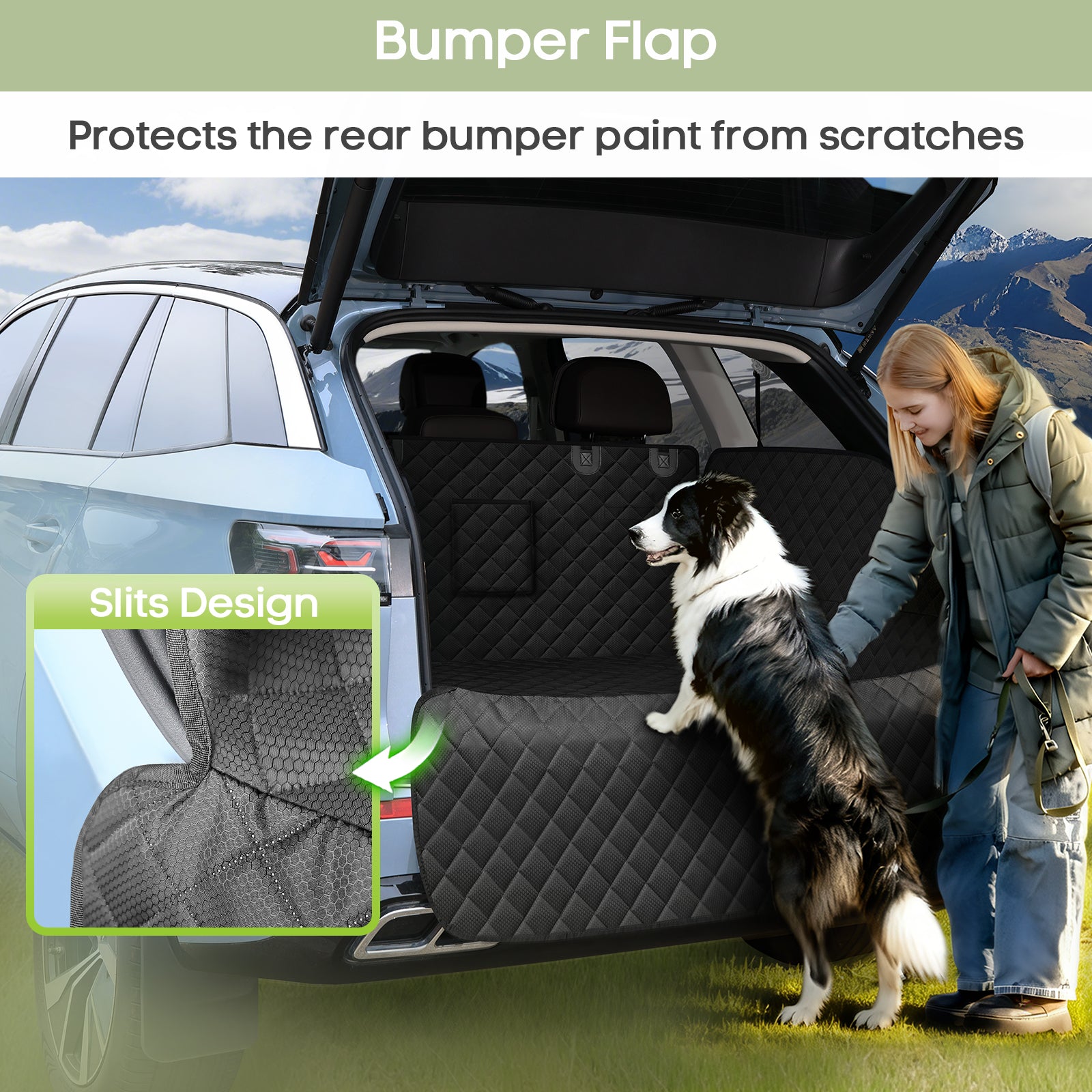 SMATTO Waterproof Dog Cargo Liner for SUV Sedan Van, Non-Slip Scratchproof Pet Seat Cover with Bumper Flap Protector, Large Universal Fit
