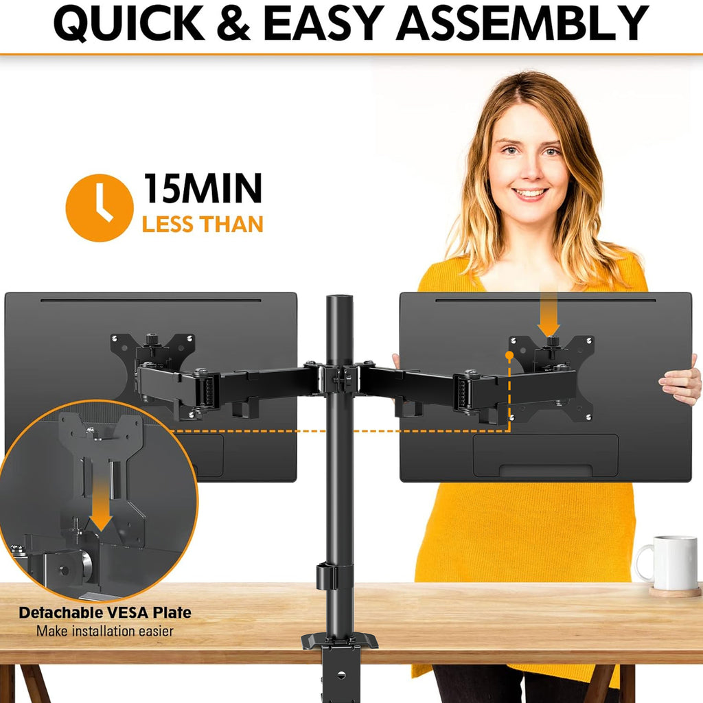 MOUNTUP Dual Monitor Stand Fits Max 32 Inch Screen up to 17.6lbs, Dual Monitor Desk Mount, Fully Adjustable Dual Monitor Arm for 2 LCD Screens, Double Monitor Stand with C-Clamp and Grommet Base