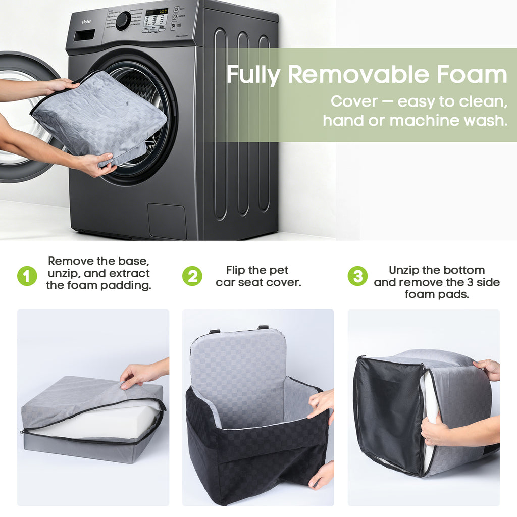 Waterproof Dog Car Seat for Small/Medium Dogs up to 26 lbs, Memory Foam Booster Seat Elevated 6in, Pet Car Seat with Removable Washable Cover, Y-Shape Safety Belt and Storage Pockets