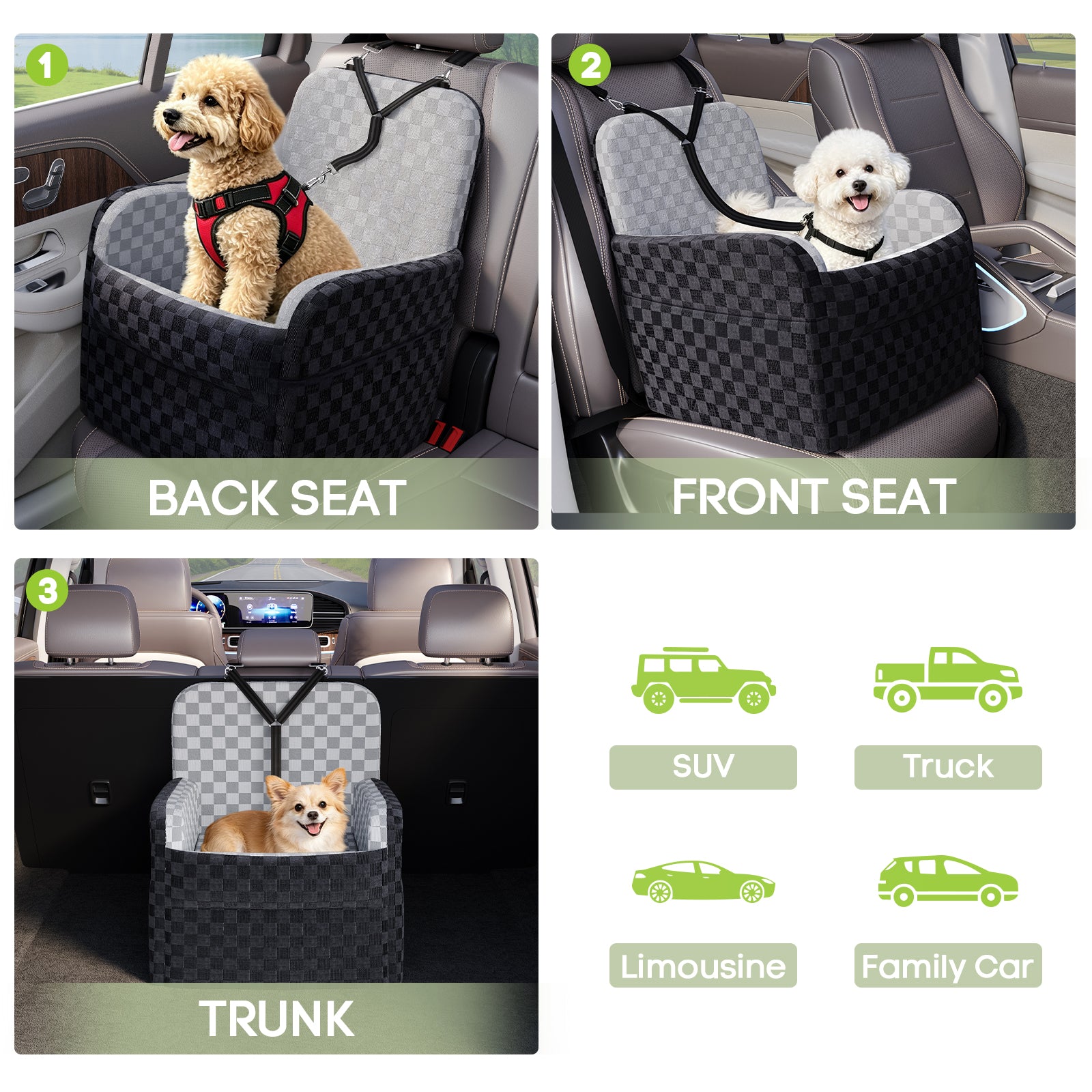 SMATTO Dog Car Seat for Small and Medium Dogs up to 26 lbs, Portable Waterproof Dog Booster Car Seat with Removable Washable Cover, Safety Seat Belt Y-Shape Safety Belt and Storage Pockets, Black