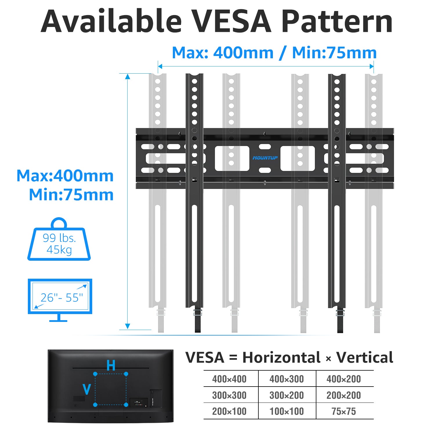 MOUNTUP Fixed TV Wall Mount for Most 26-55 Inch LED, LCD and Plasma TVs, 1" Low Profile & Space Saving Flat TV Bracket with Quick Release Lock Max VESA 400x400mm up to 99 lbs Fits 12"-16" Wood Studs YMU0013